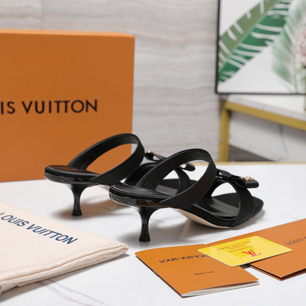 LV 26S SLIDE HEELS 40MM IN BLACK SATIN WITH BOW