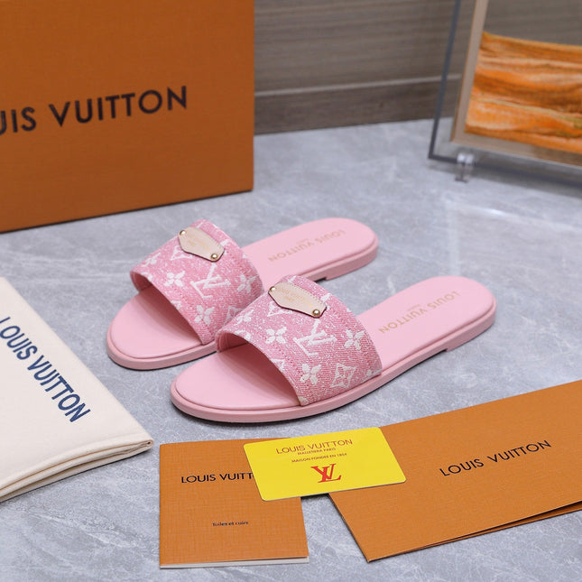 LV 26S FLAT SLIDE SANDALS IN LIGHT PINK MONOGRAM CANVAS AND CALFSKIN