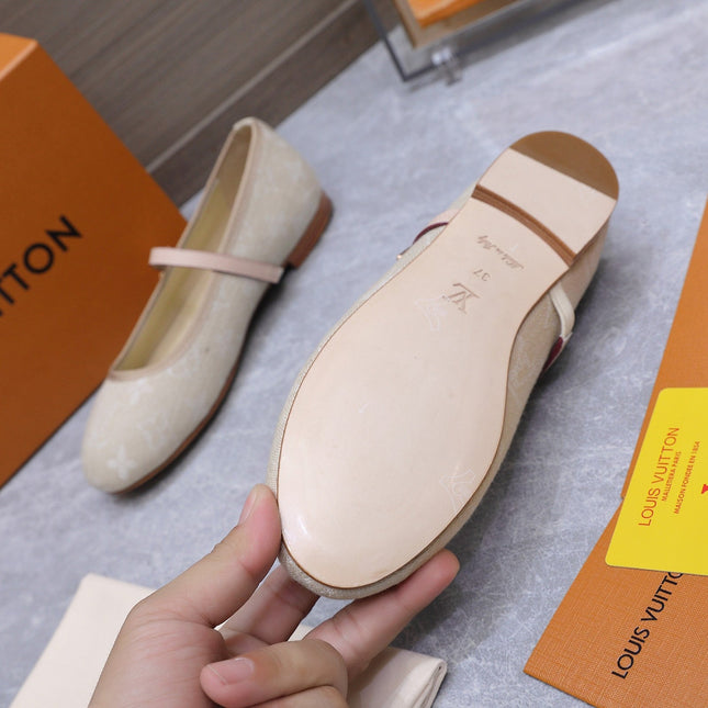 LV 26S MARY JANE FLATS IN BEIGE MONOGRAM DENIM WITH CALFSKIN STRAP