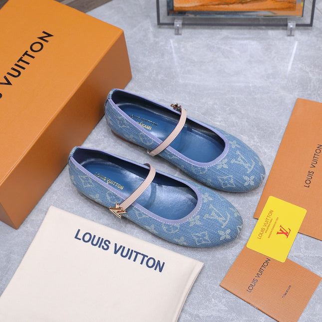 LV 26S MARY JANE FLATS IN SKY BLUE MONOGRAM DENIM WITH CALFSKIN STRAP