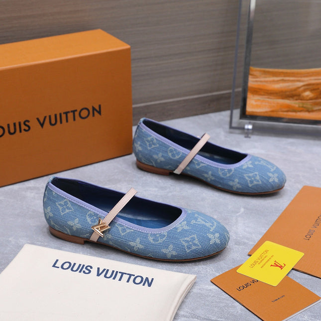 LV 26S MARY JANE FLATS IN SKY BLUE MONOGRAM DENIM WITH CALFSKIN STRAP