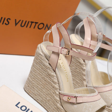 LV 26S HELIOS WEDGE SANDAL 120MM IN BEIGE DENIM