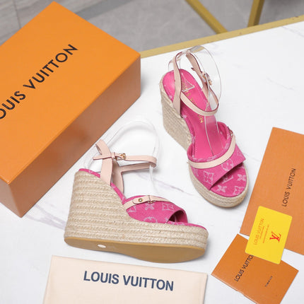 LV 26S HELIOS WEDGE SANDAL 120MM IN FUCHSIA PINK DENIM