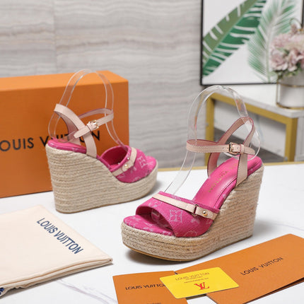 LV 26S HELIOS WEDGE SANDAL 120MM IN FUCHSIA PINK DENIM