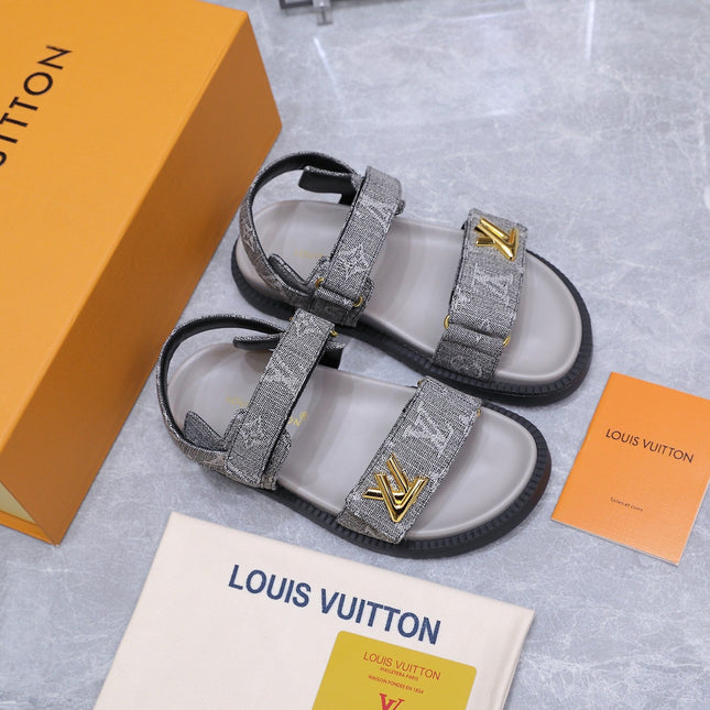 LV 26S SANDALS IN GREY MONOGRAM COATED DENIM GOLD HARDWARE