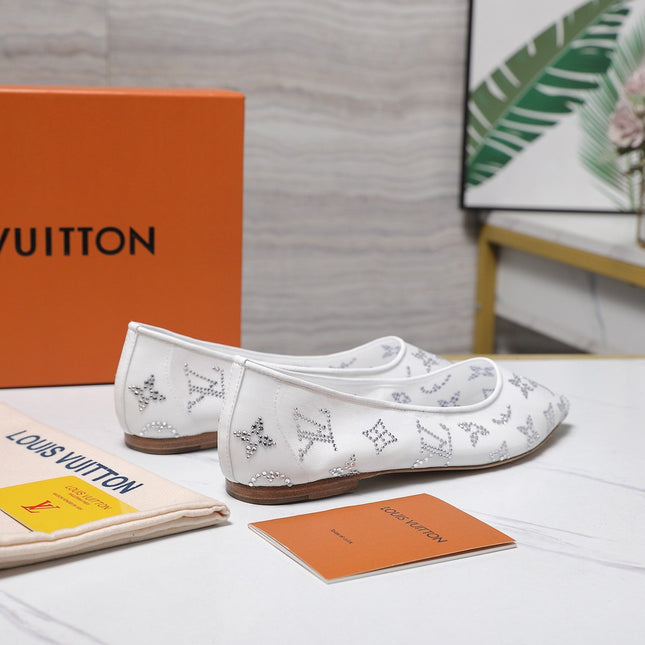 LV 26S GALA FLAT BALLERINA IN WHITE MESH WITH WITH RHINESTONES