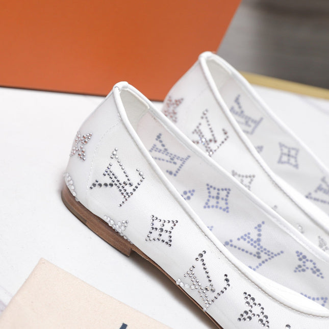 LV 26S GALA FLAT BALLERINA IN WHITE MESH WITH WITH RHINESTONES