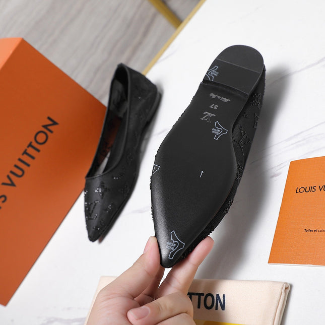LV 26S GALA FLAT BALLERINA IN BLACK MESH WITH WITH RHINESTONES