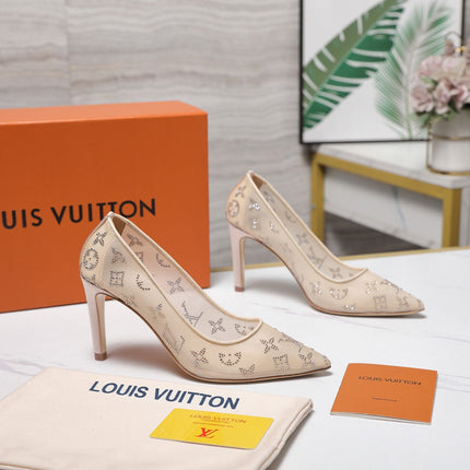 LV 26S GALA HIGH HEELS 85MM IN NUDE BEIGE MESH WITH WITH RHINESTONES