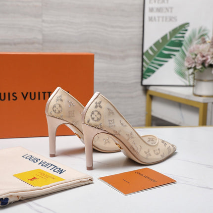 LV 26S GALA HIGH HEELS 85MM IN NUDE BEIGE MESH WITH WITH RHINESTONES