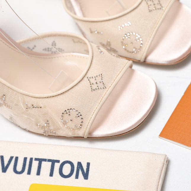 LV 26S GALA SANDAL 85MM IN NUDE BEIGE MESH WITH WITH RHINESTONES