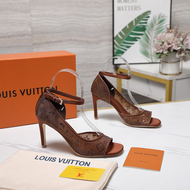 LV 26S GALA SANDAL 85MM IN ORANGE BROWN MESH WITH WITH RHINESTONES