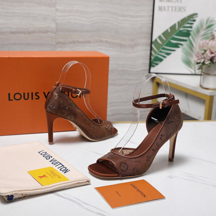 LV 26S GALA SANDAL 85MM IN ORANGE BROWN MESH WITH WITH RHINESTONES