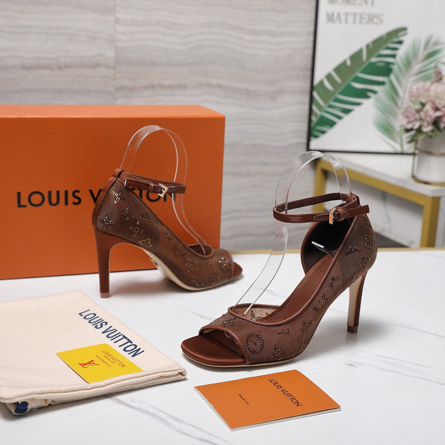LV 26S GALA SANDAL 85MM IN ORANGE BROWN MESH WITH WITH RHINESTONES