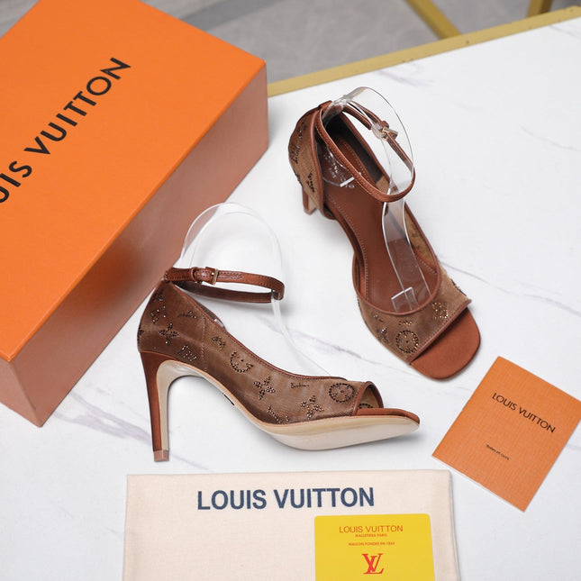 LV 26S GALA SANDAL 85MM IN ORANGE BROWN MESH WITH WITH RHINESTONES