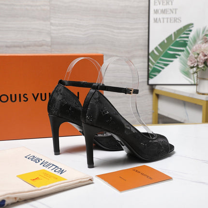 LV 26S GALA SANDAL 85MM IN BLACK MESH WITH WITH RHINESTONES