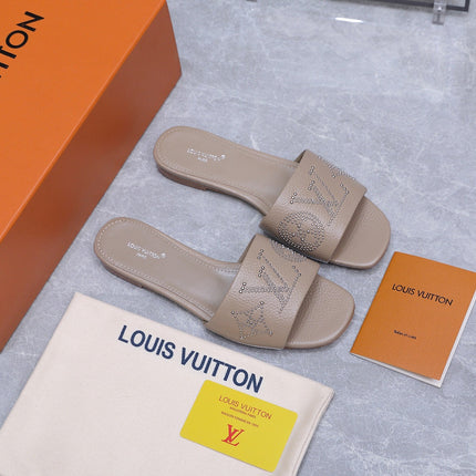 LV 26S FLAT SLIDE SANDALS IN NUDE BROWN CALFSKIN