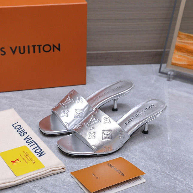 LV 26S 6AM MULE 55MM IN SILVER CALFSKIN EMBOSSED MONOGRAM LOGO