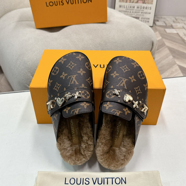LV MULES IN BROWN MIN BLACK SHEARLING GOLD HARDWARE