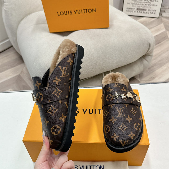 LV MULES IN BROWN MIN BLACK SHEARLING GOLD HARDWARE