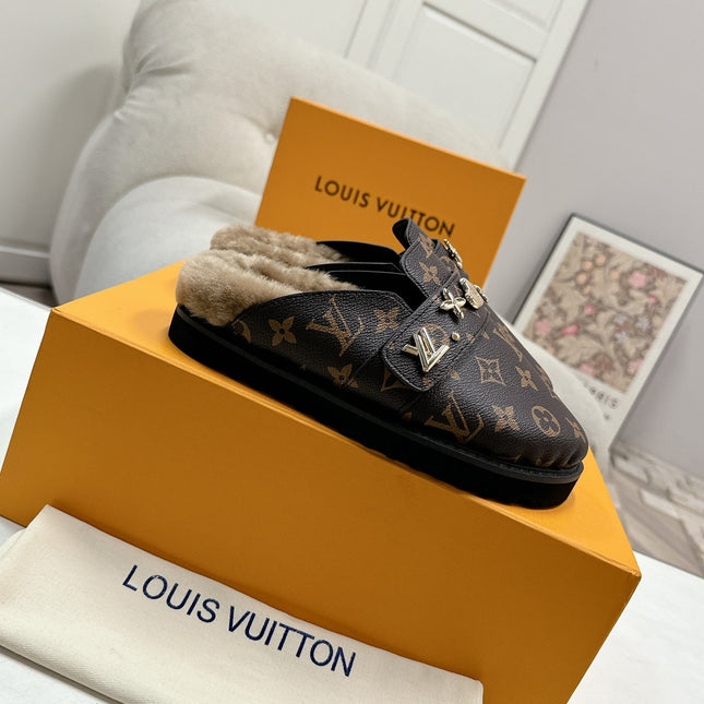 LV MULES IN BROWN MIN BLACK SHEARLING GOLD HARDWARE