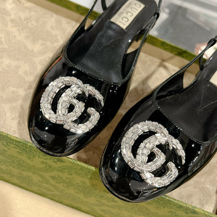 METALIC SLINGBACK FLATS IN BLACK CALFSKIN