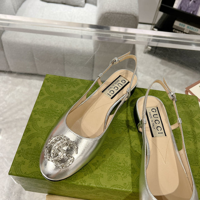 GG CRYSTALS SLINGBACK BALLET SILVER CALFSKIN