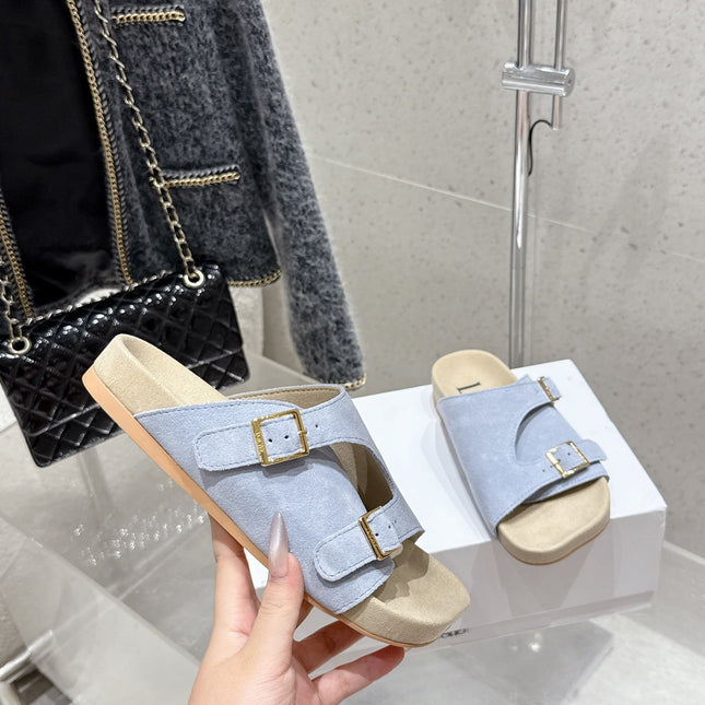 LOEWE 26S EASE SLIDE IN PASTEL BLUE SUEDE