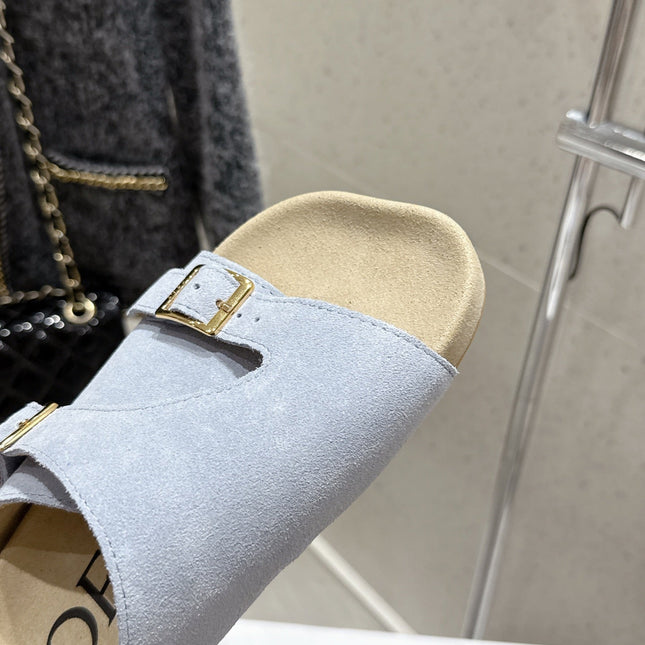 LOEWE 26S EASE SLIDE IN PASTEL BLUE SUEDE