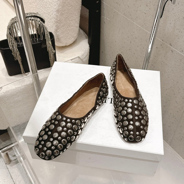 CELINE 26S FLAT SHOES IN DARK BROWN SUEDE WITH METAL STUDS