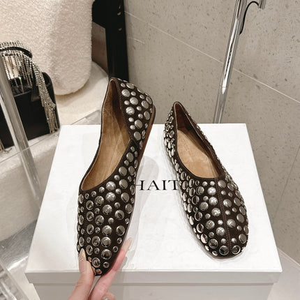 CELINE 26S FLAT SHOES IN DARK BROWN SUEDE WITH METAL STUDS