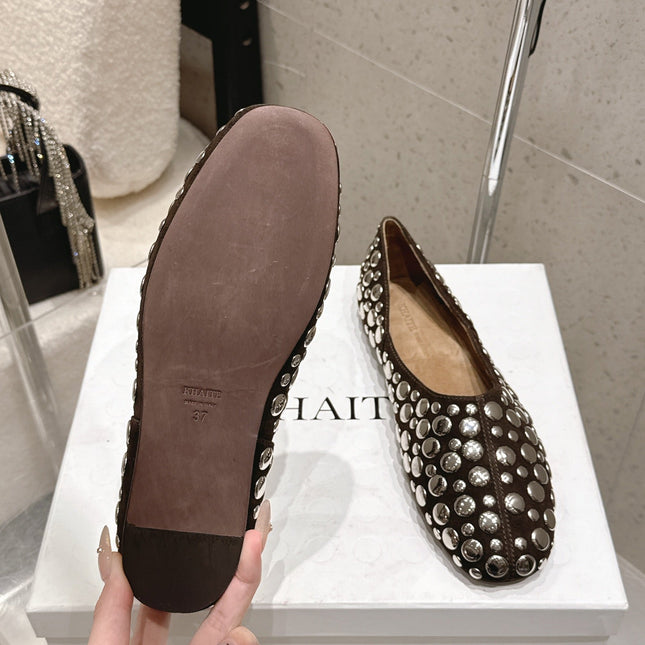 CELINE 26S FLAT SHOES IN DARK BROWN SUEDE WITH METAL STUDS