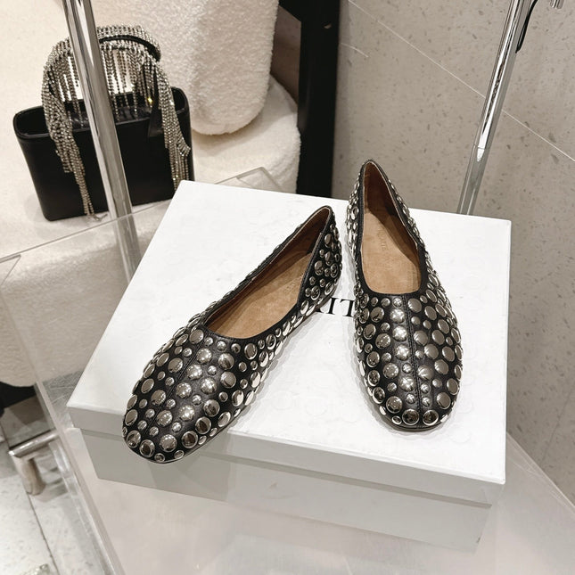 CELINE 26S FLAT SHOES IN BLACK CALFSKIN WITH METAL STUDS