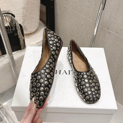CELINE 26S FLAT SHOES IN BLACK CALFSKIN WITH METAL STUDS