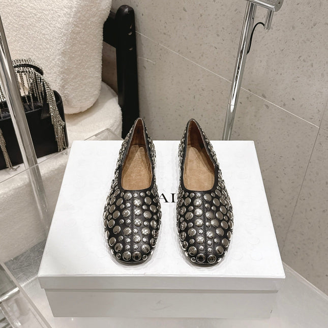 CELINE 26S FLAT SHOES IN BLACK CALFSKIN WITH METAL STUDS