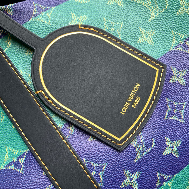 LV 26S KEEPALL 50 IN BLUE WITH LIGHT BLUE ACCENTS COATED CANVAS