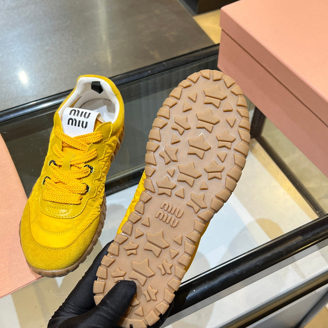 MIUMIU 26S SNEAKERS IN YELLOW FABRIC AND SUEDE