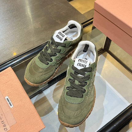MIUMIU 26S SNEAKERS IN ARMY OLIVE FABRIC AND SUEDE