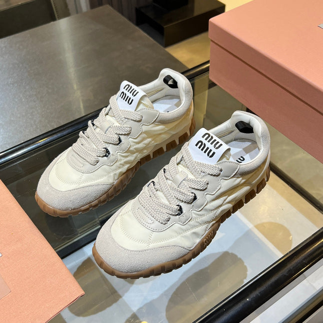 MIUMIU 26S SNEAKERS IN IVORY WHITE FABRIC AND SUEDE