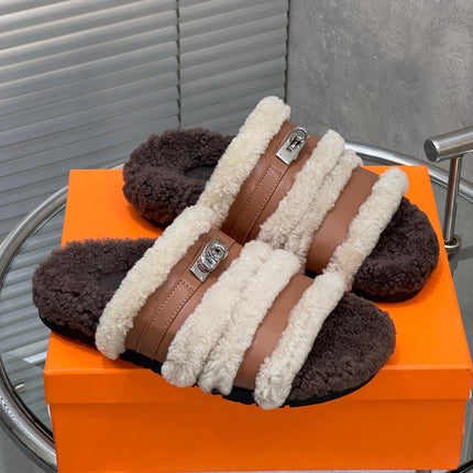 HM 25S SANDAL IN BEIGE WOOL AND BROWN LAMBSKIN WITH SILVER HARDWARE