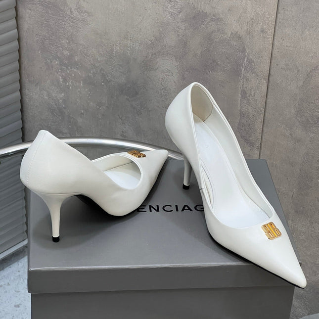 BALENCIAGA 25S HIGH-HEEL SHOES 85 MM IN WHITE COW LEATHER WITH GOLD HARDWARE