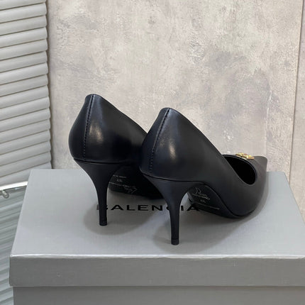 BALENCIAGA 25S HIGH-HEEL SHOES 85 MM IN BLACK COW LEATHER WITH GOLD HARDWARE