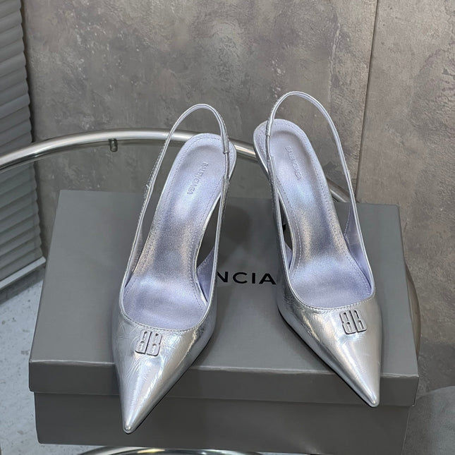 BALENCIAGA 25S HIGH-HEEL SLINGBACK 85 MM IN SILVER COW LEATHER