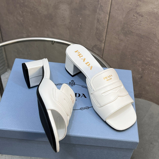PRADA 26S BLOCK HEEL SLIDE SANDALS 60MM IN WHITE CALFSKIN WITH LOGO