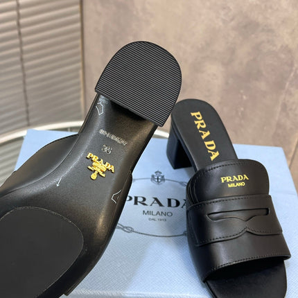 PRADA 26S BLOCK HEEL SLIDE SANDALS 60MM IN BLACK CALFSKIN WITH LOGO