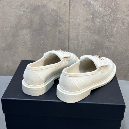 CHANEL 26S LOAFERS IN WHITE CANVAS WITH QUILTED FLAP & CHAIN CC LOGO