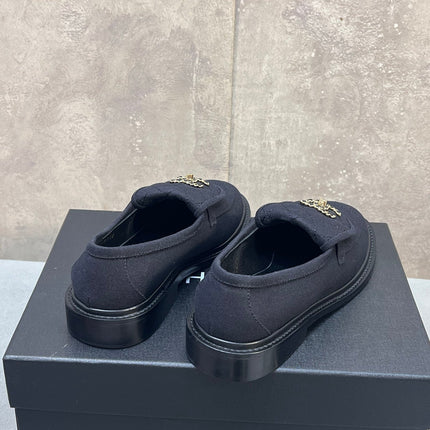 CHANEL 26S LOAFERS IN BLACK CANVAS WITH QUILTED FLAP & CHAIN CC LOGO