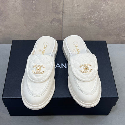 CHANEL 26S MULE LOAFERS IN WHITE CANVAS WITH QUILTED FLAP & CC LOGO