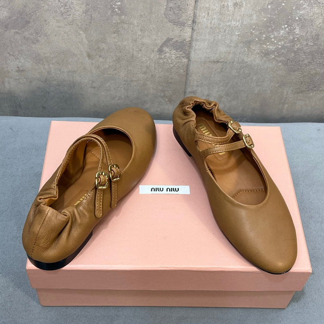 MIUMIU 26S DOUBLE STRAP MARY JANE FLATS IN CARAMEL BROWN SHEEPSKIN