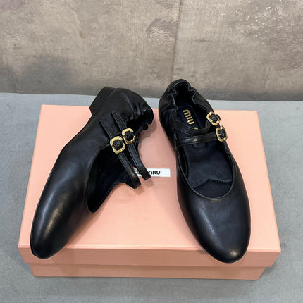 MIUMIU 26S DOUBLE STRAP MARY JANE FLATS IN BLACK SHEEPSKIN